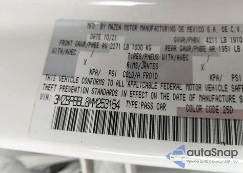 2021 Mazda Mazda3 Select from USA, damaged, VIN 3MZBPBBL8MM253154